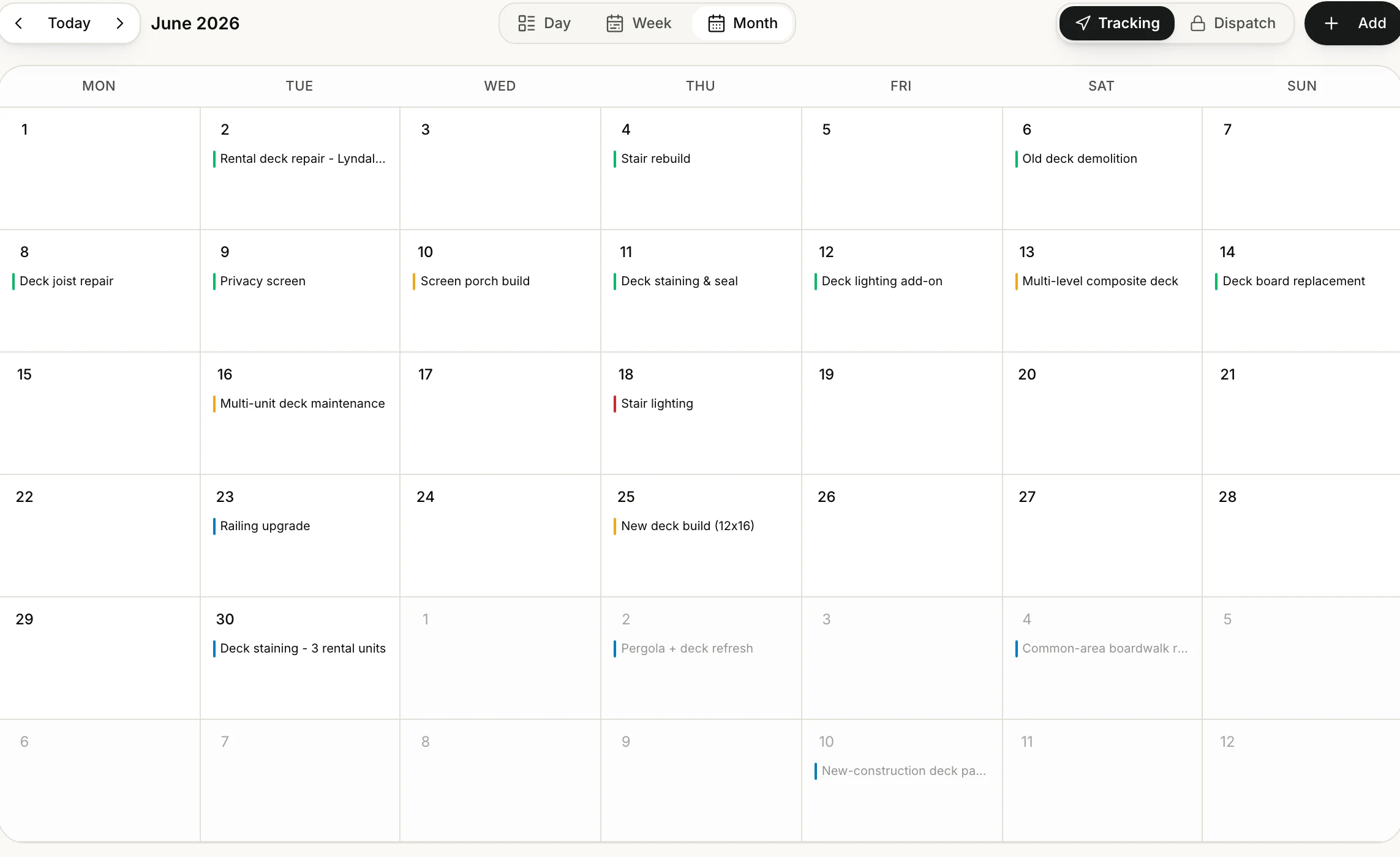 Un mes de trabajos agendados en Field, cada uno con su barra de estado en color